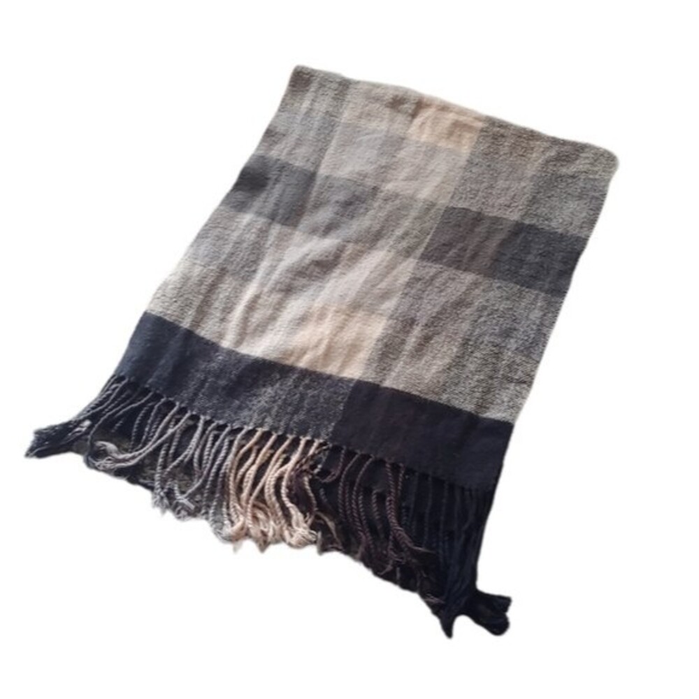 Neutral Black & Beige Plaid 100% Cashmere Fringe Scarf Made in Scotland